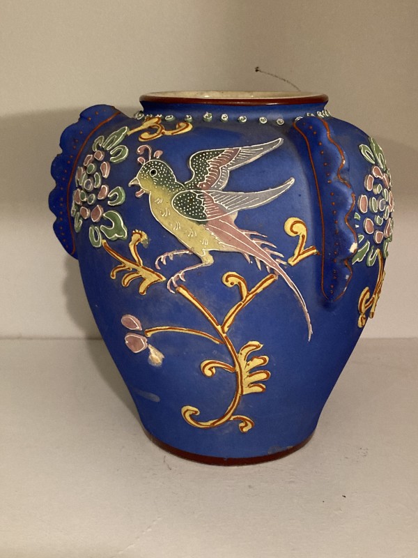 Hand painted blue satsuma vase with Moriage bird pattern