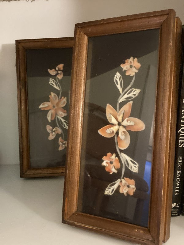pair of framed floral shell art items