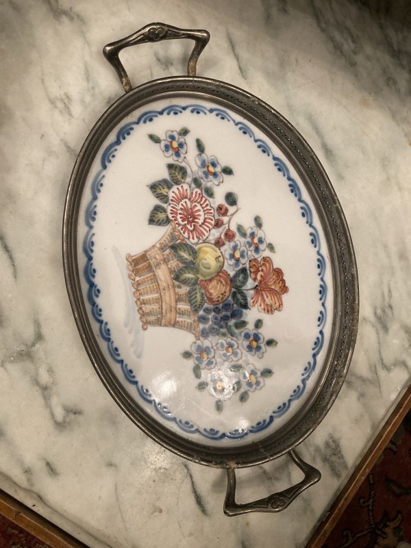 hand decorated oval porcelain tray in metal frame