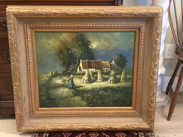 Original oil painting of a landscape and hay stacks