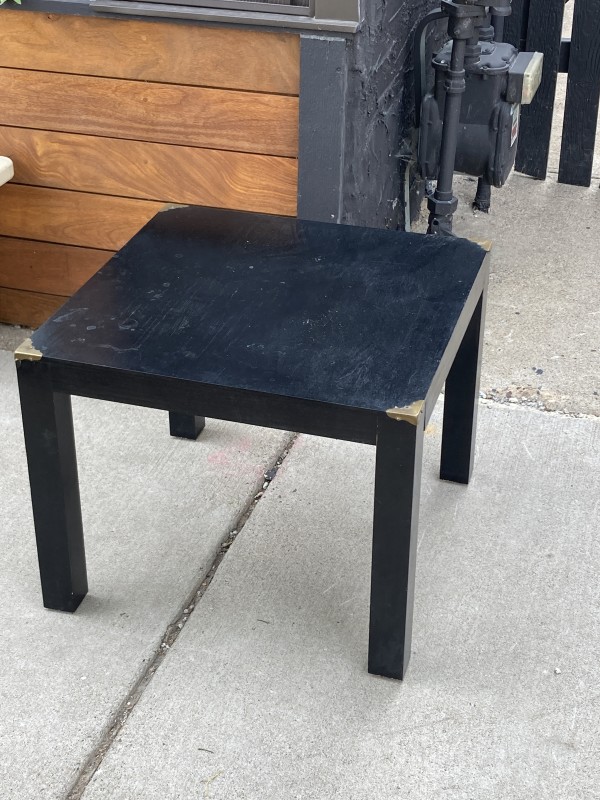 painted square table with brass corners