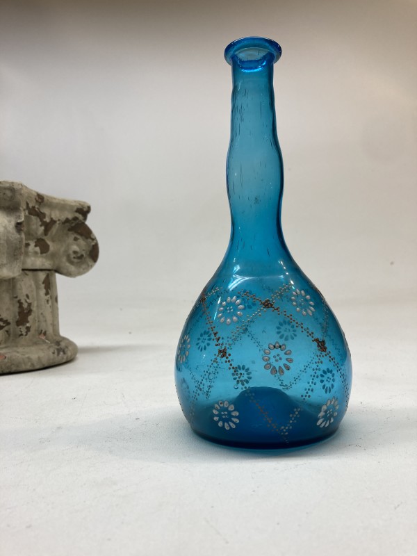 hand painted blue Victorian bud vase with enamel flowers