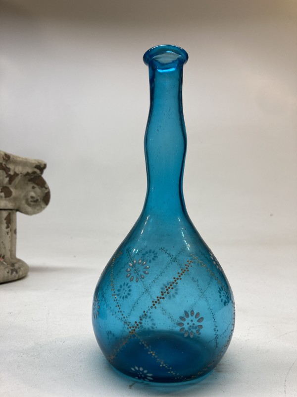 hand painted blue Victorian bud vase with enamel flowers
