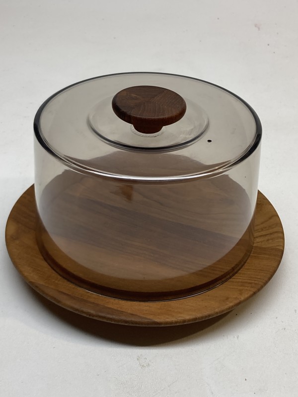 Covered Scandinavian cheese dish with teak base