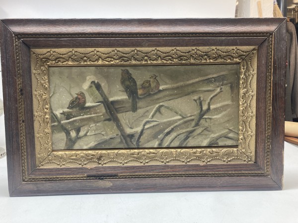 Framed primitive turn of the century landscape painting with birds