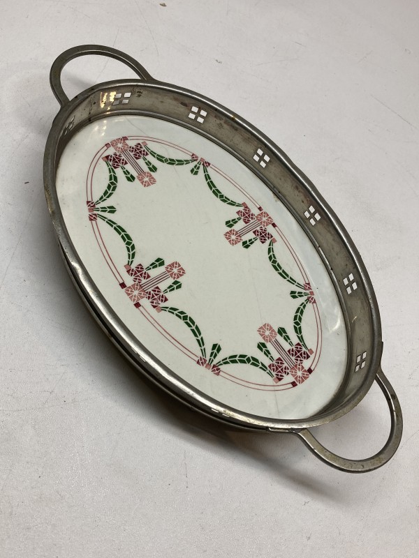 oval porcelain tray with silver arts n crafts gallery