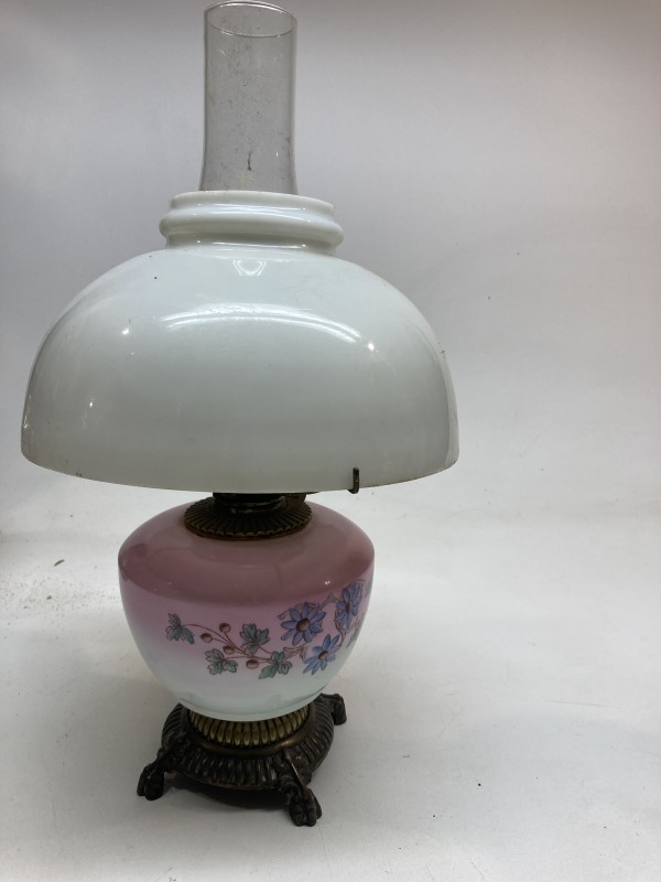 vintage hand painted kerosene lamp with white shade