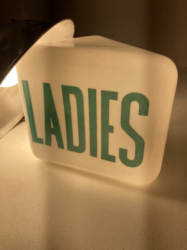 Ladies milk glass vintage bathroom sign