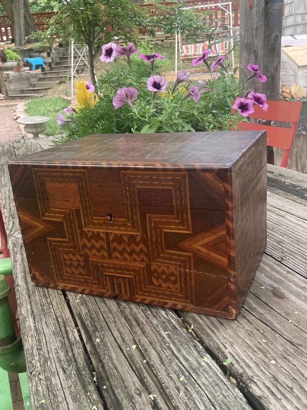 Tramp art folk art inlaid wooden box