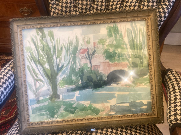 framed landscape watercolor with bridge