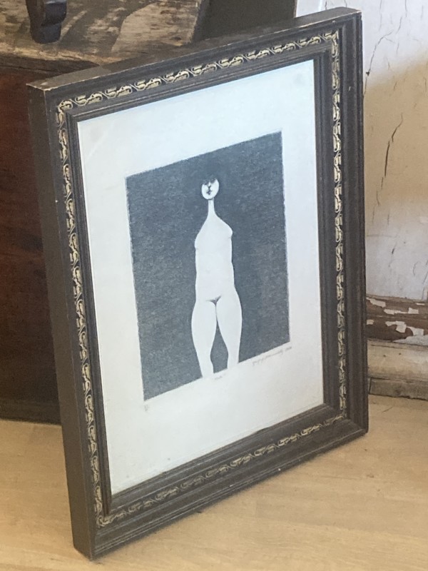 Framed nude black and white woman etching by Gregory Masurovsky