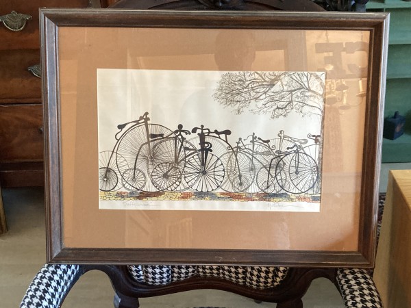 Framed hand colored bicycle engraving