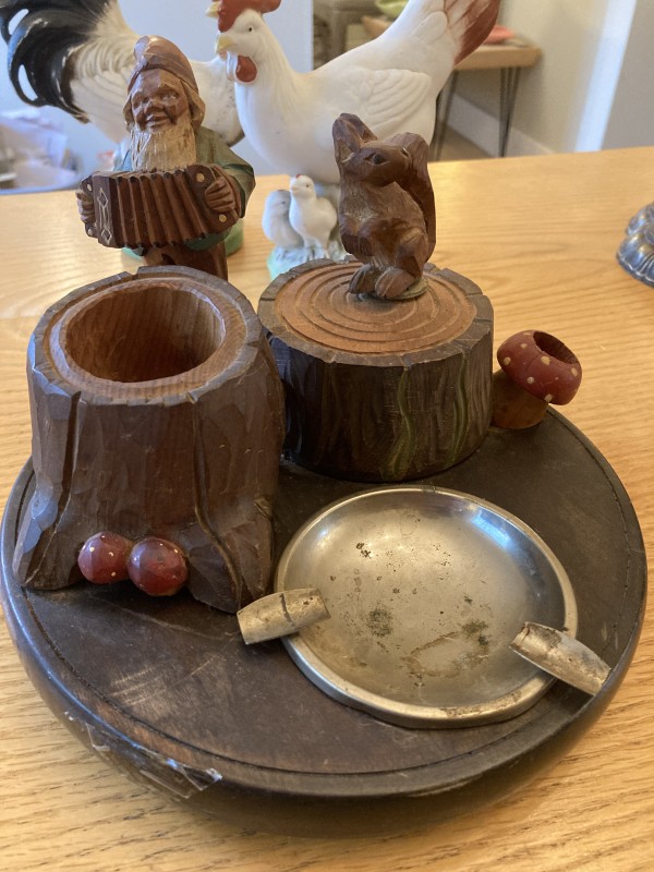 carved wood gnome and squirrel smoke tray