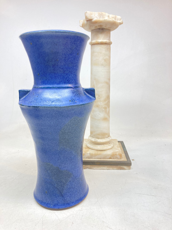 Blue art pottery vase with lug handles