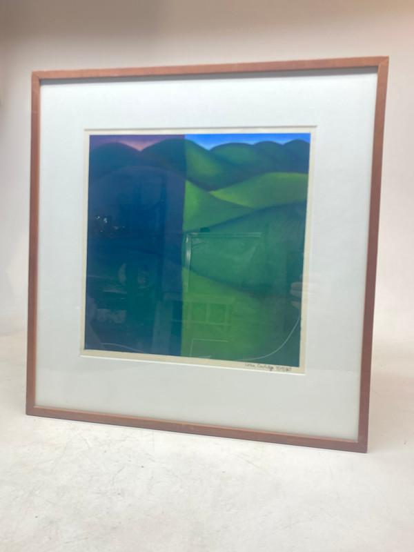 Framed serigraph of blue and green