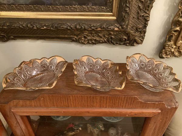 Pressed glass dishes with gold trim