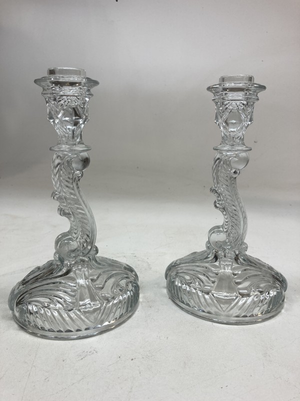 pair of art glass clear candlesticks