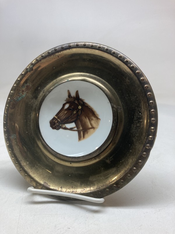 hand painted horse plate with brass trim