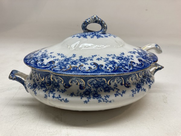 blue and white covered casserole