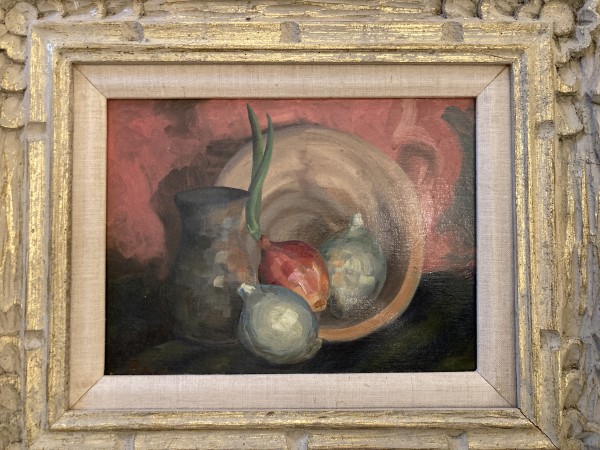 Framed still life painting of onions