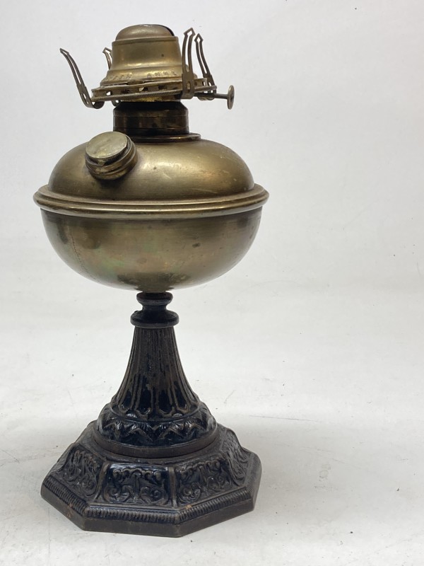 brass and iron kerosene table lamp