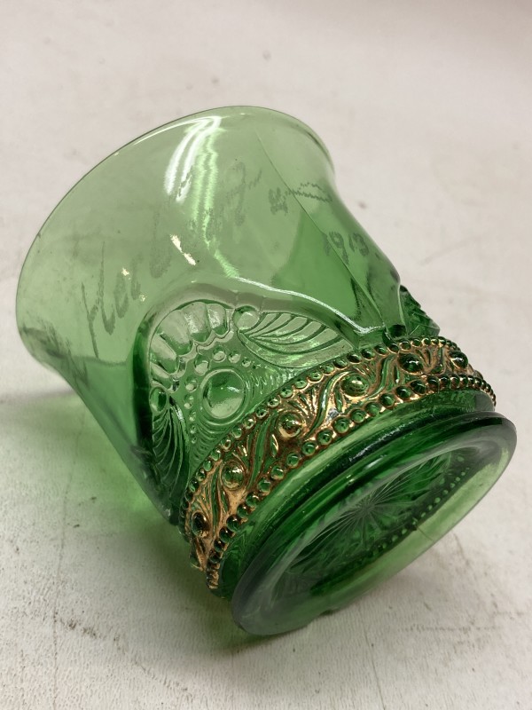 green glass souvenir toothpick holder