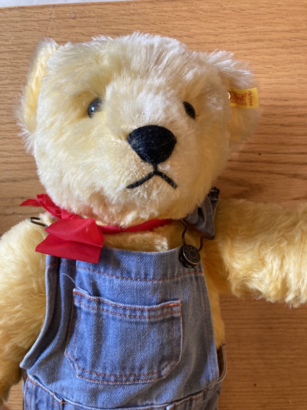 Steiff teddy bear with bib overalls