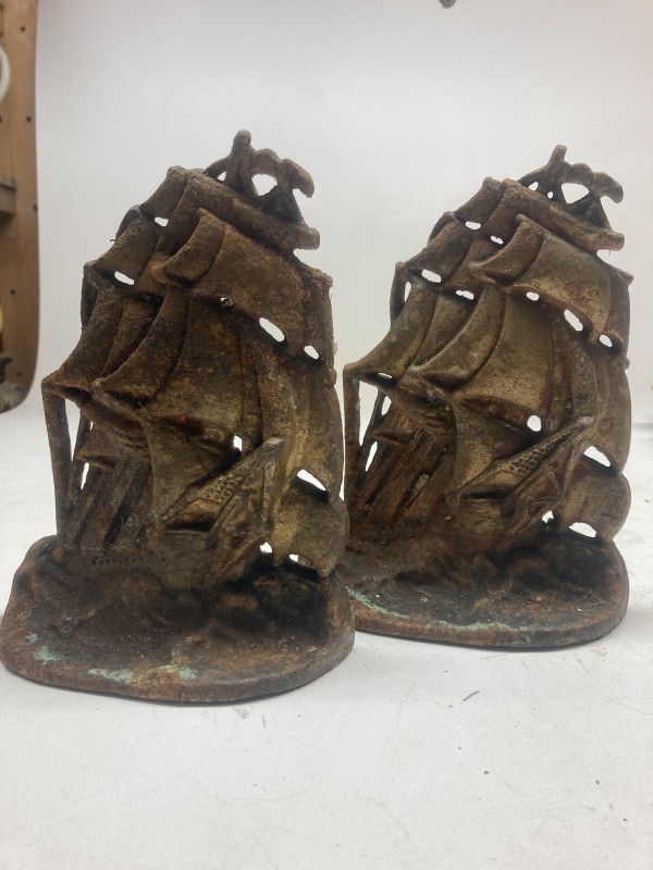 pair of large iron ship bookcends