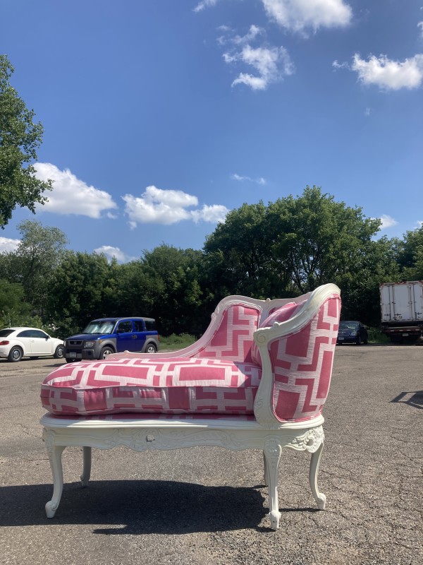 Pink down filled Henredon painted carved chaise lounge