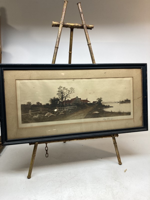 framed engraving of horizontal landscape