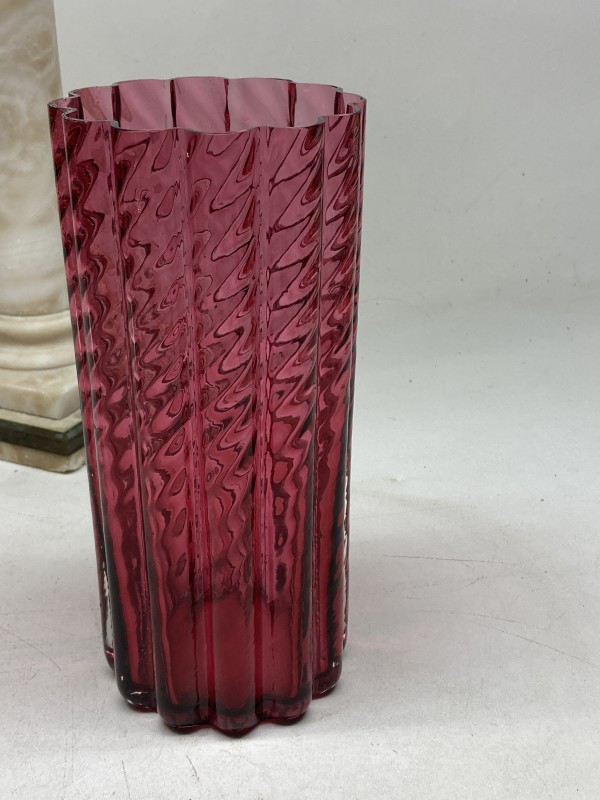Tall cranberry hand blown art glass vase