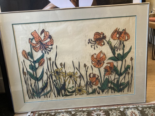Framed hand colored woodblock of a tiger lily flower