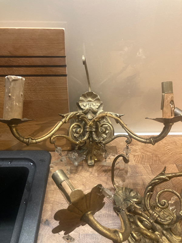 Pair of brass and prism sconces