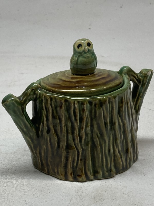 art pottery tree stump and owl lidded sugar bowl