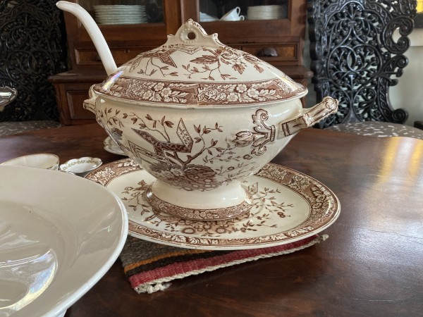 Mid  19th century brown transfer soup tureen with underplate