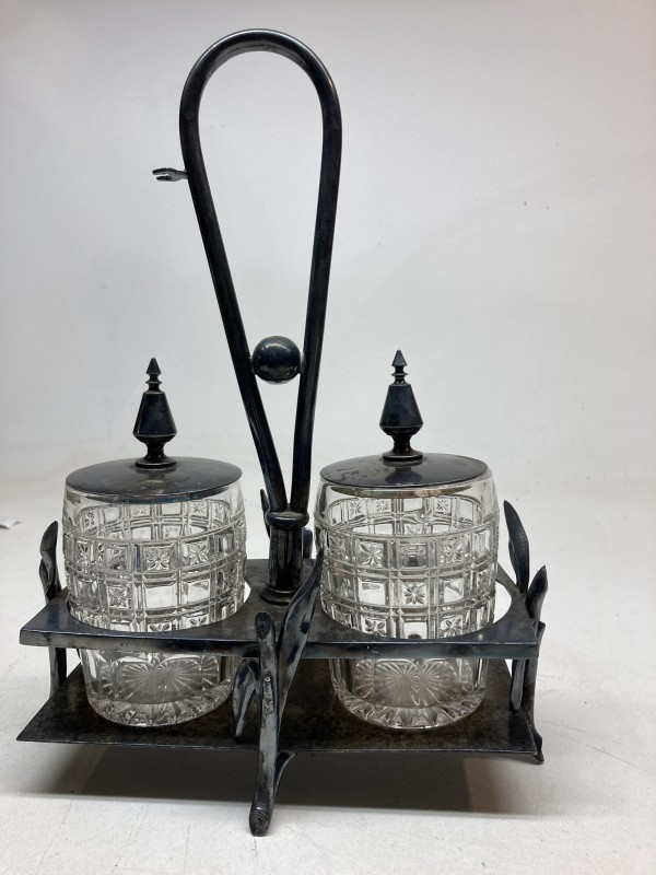 Victorian condiment metal stand with glass jars