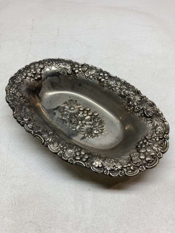 embossed ornate floral silver plate oval server