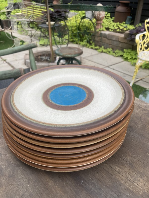 Set of 8 Denby Blue dot dinner plates ( 10 " diameter )