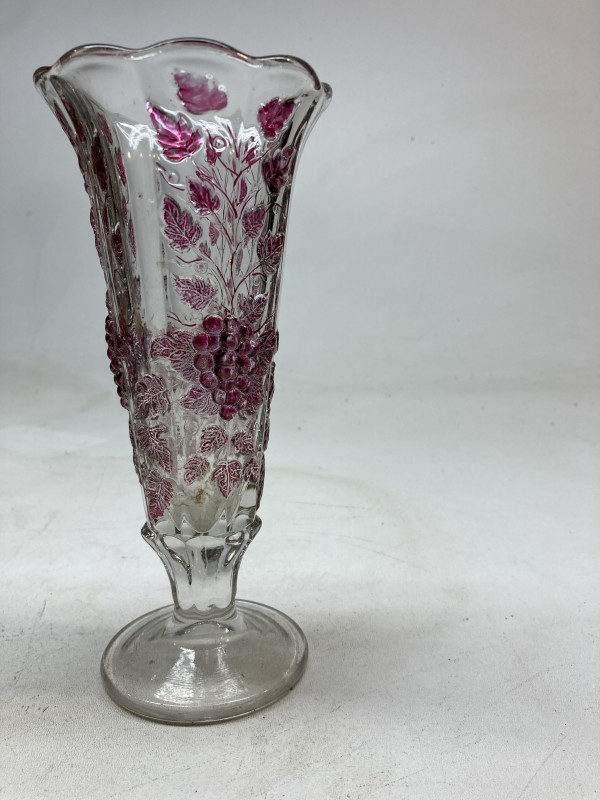 hand painted pressed glass vase with red