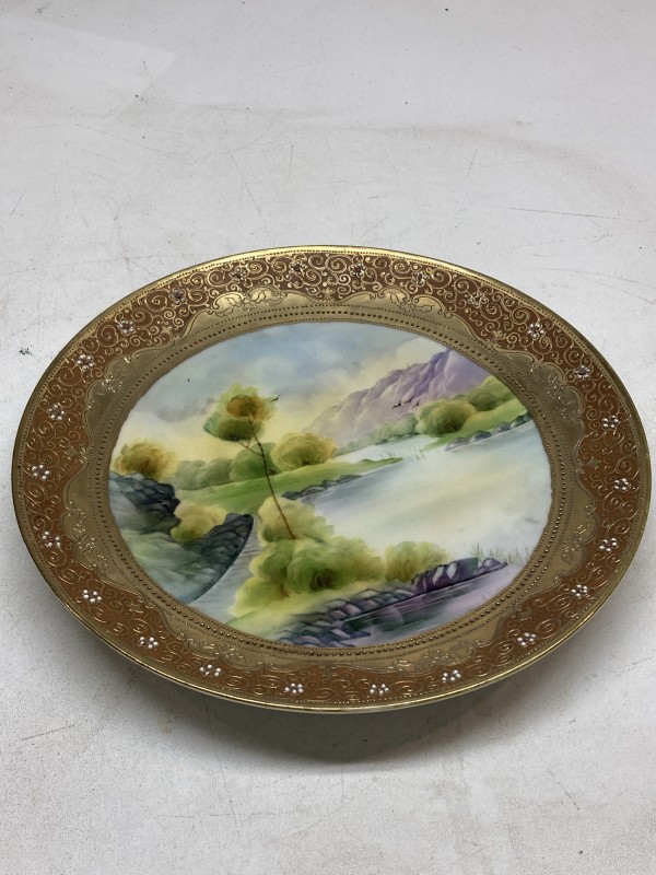 Hand painted cookie plate with gold