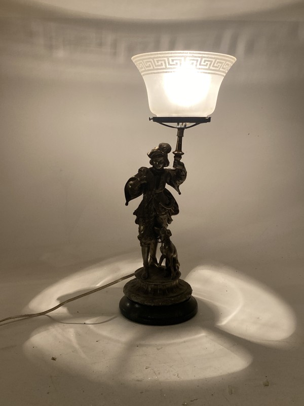 Spelter figural lamp with greek key shade