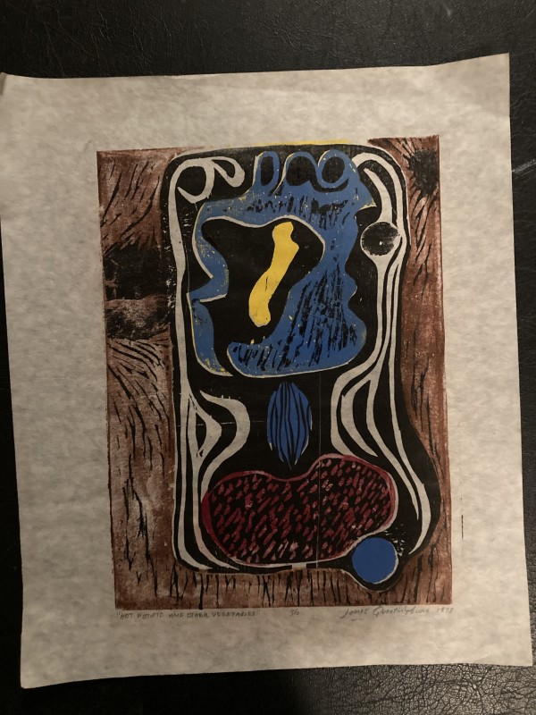 "Hot Potato" hand colored woodblock by James Quentin Young