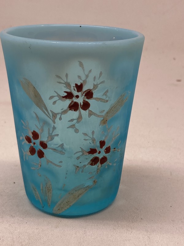 turn of the century blue water glass with enameled flowers