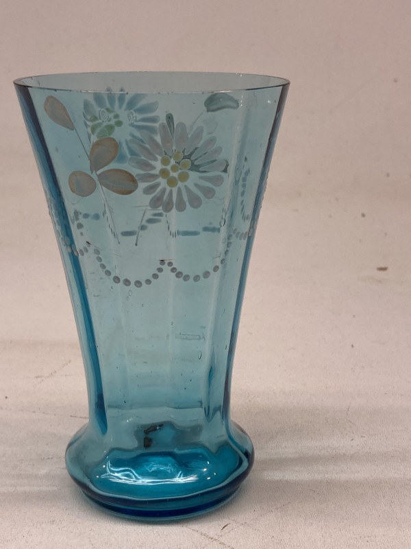 turn of the century blue water art glass vase with enameled flowers