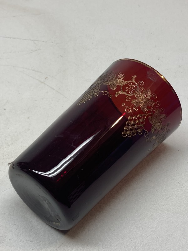 turn of the century ruby  water art glass vase with enameled grape pattern