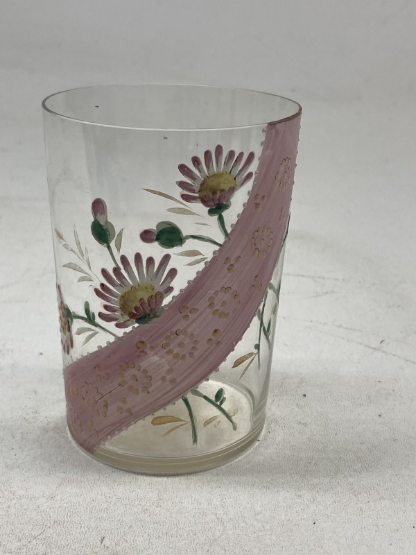turn of the century clear with pink sash water glass with enameled flowers