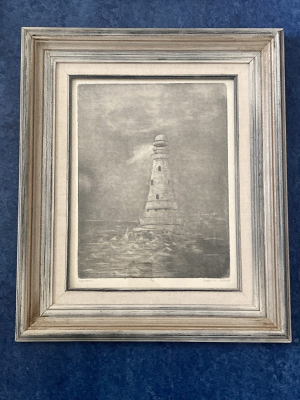 Framed lighthouse etching