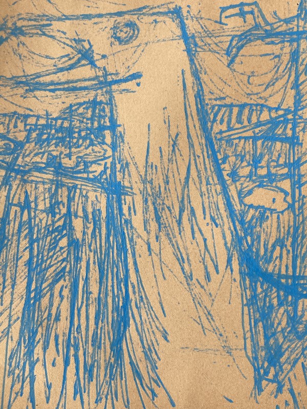 Original blue drawing by James Quentin Young of an abstract seagull