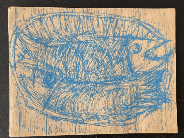 unframed original blue drawing by James Quentin Young abstract fish
