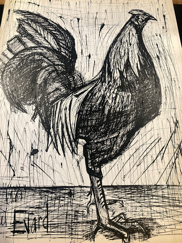 Original black ink drawing of Rooster dated 1960